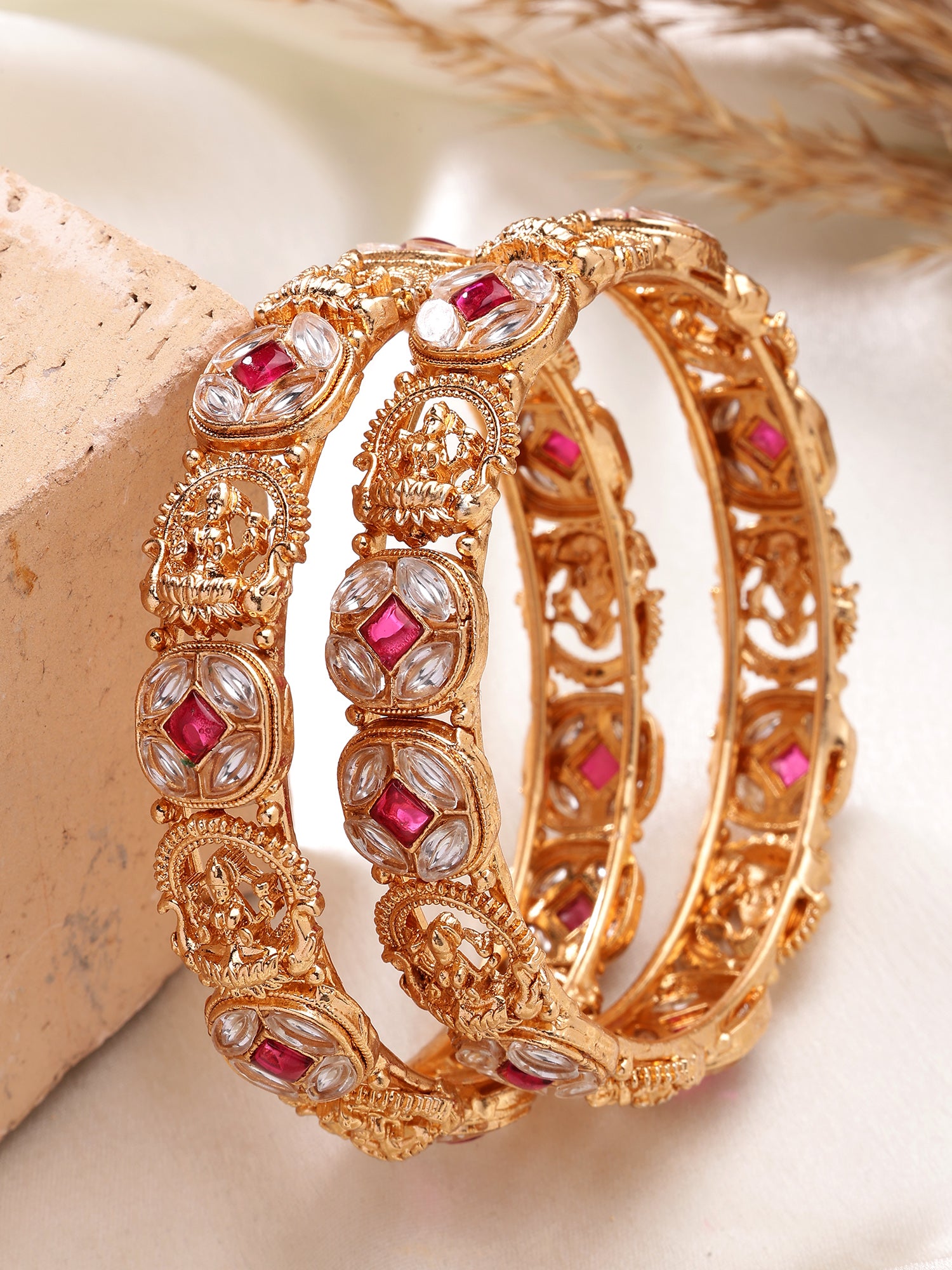KARATCART Traditional Mata Lakshmi Design Gold-Plated Floral Kundan Temple Bangles for Women