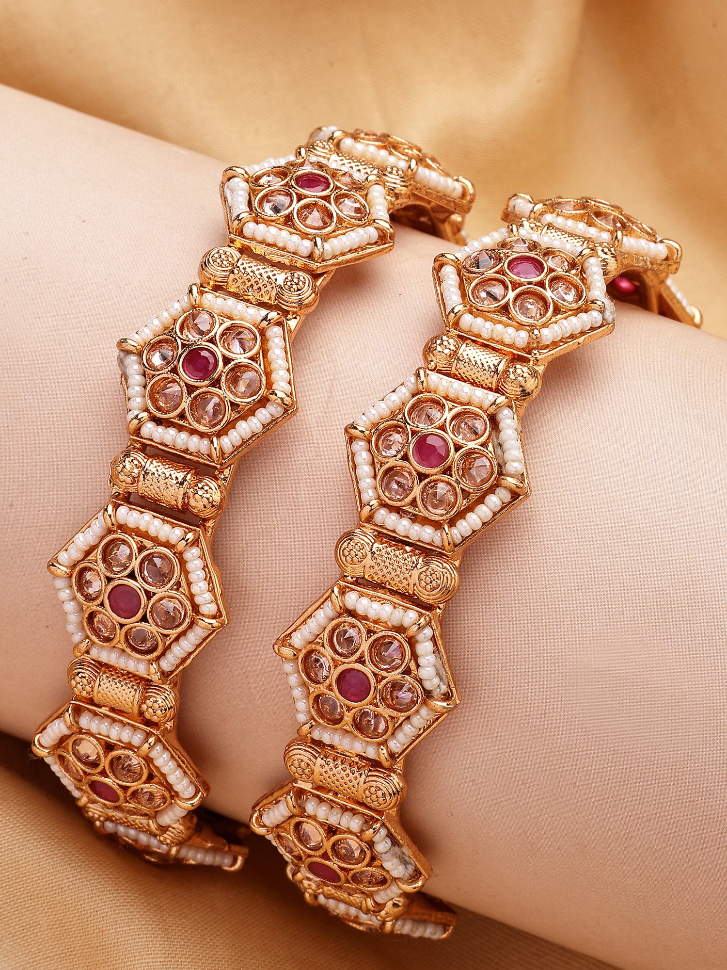 KARATCART Elegant Gold-Plated Handcrafted Pearl Beaded Kundan Work Bridal Bangles for Women