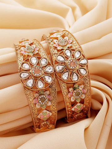 KARATCART Handcrafted Gold-Plated Pink and Lime Green Enamel Floral Bridal Bangles for Women
