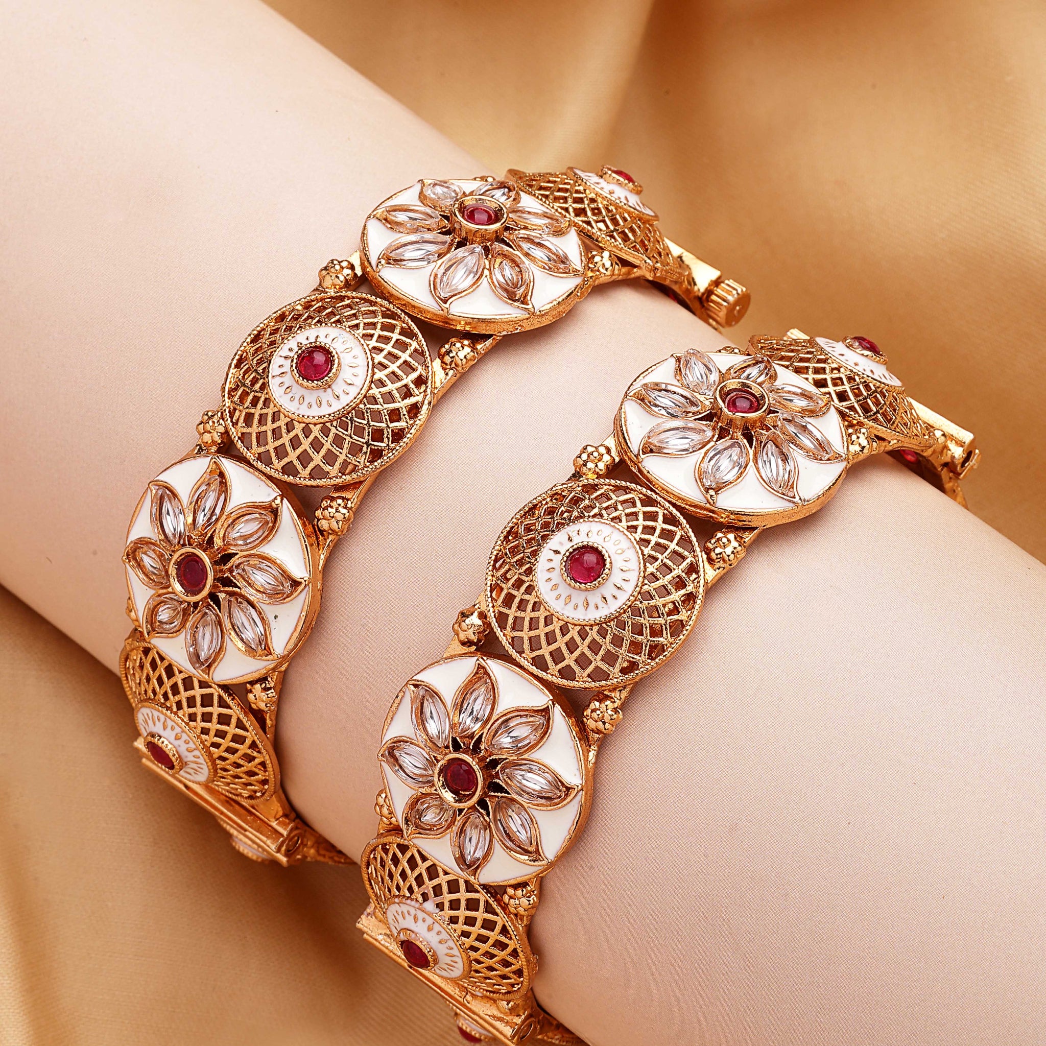 KARATCART Elegant White Meenakari Floral Filigree Design Red Stone Gold-Plated Bangles for Women