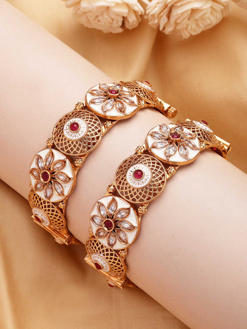 KARATCART Elegant White Meenakari Floral Filigree Design Red Stone Gold-Plated Bangles for Women