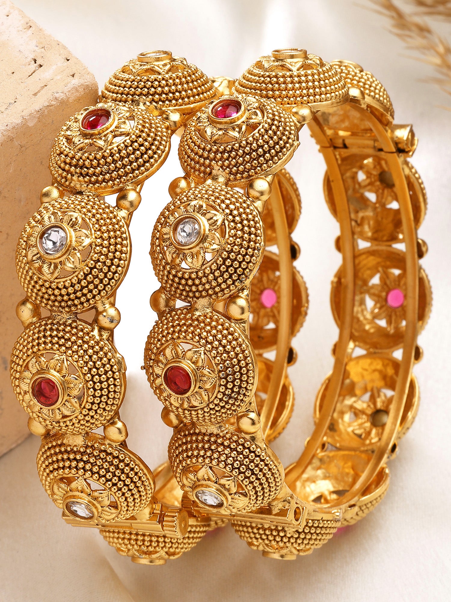 KARATCART Elegant Gold-Plated Red & White Stone Floral Rajwadi Bangles for Women
