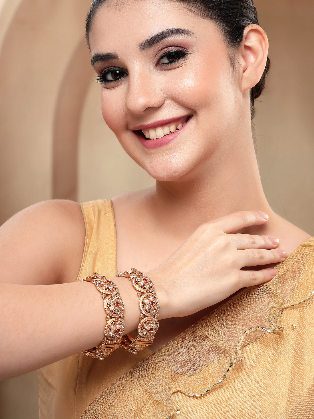 KARATCART Luxurious Gold-Plated Red and White Stone Floral Design Rajwadi Bangles for Women