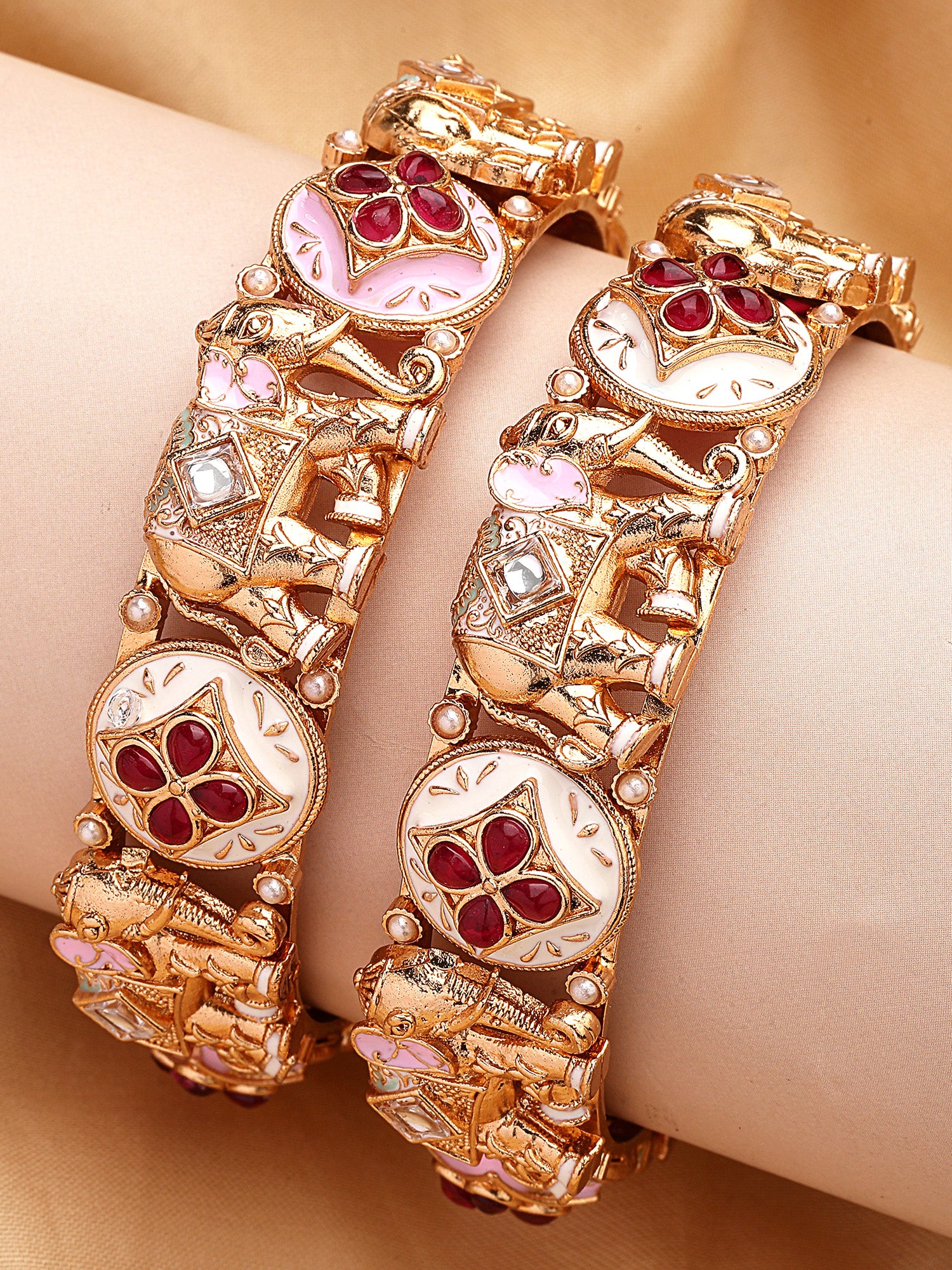 KARATCART Gold-Plated Elephant Design Pink and White Meenakari Rajwadi Bangles for Women