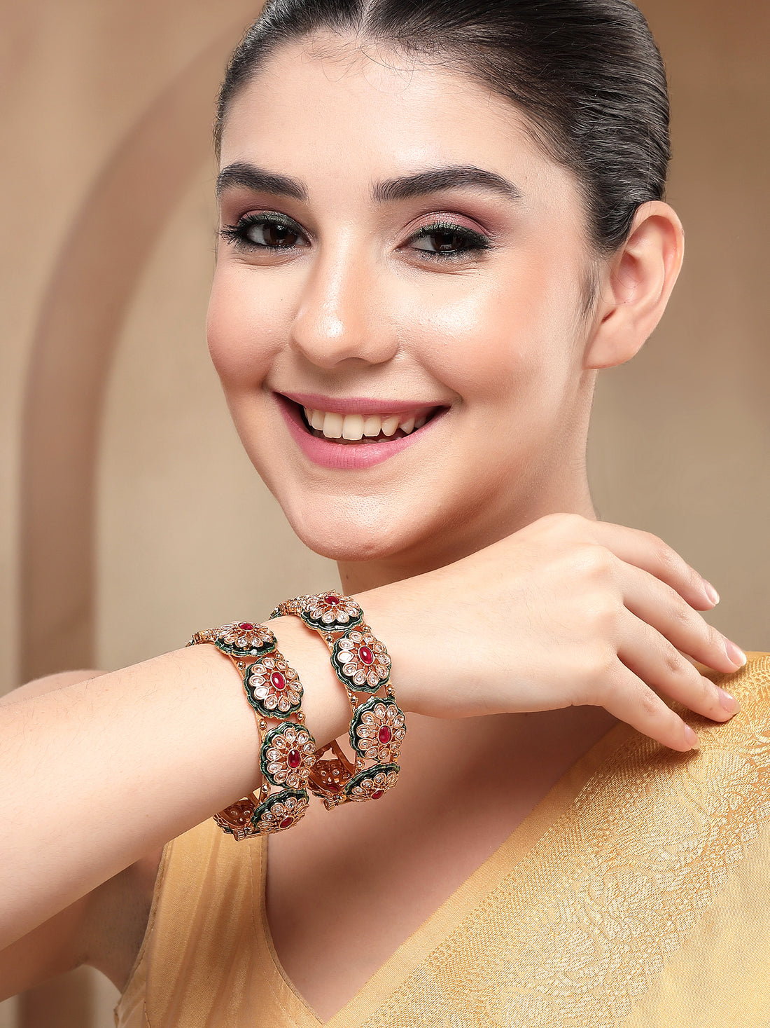 KARATCART Elegant Green Meenakari Gold-Plated Red and White Stone Kundan Bangles for Women