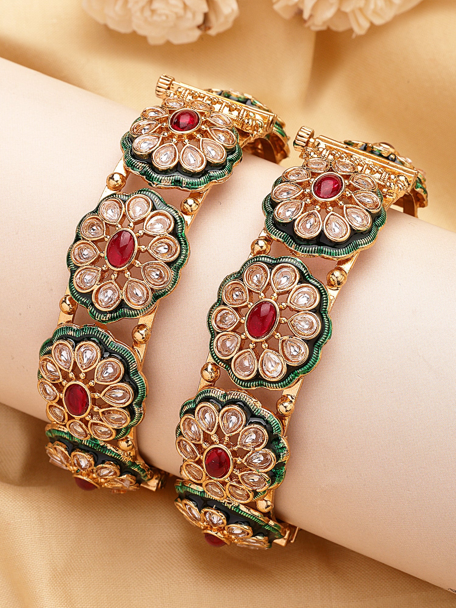 KARATCART Elegant Green Meenakari Gold-Plated Red and White Stone Kundan Bangles for Women