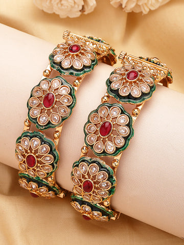 KARATCART Elegant Green Meenakari Gold-Plated Red and White Stone Kundan Bangles for Women