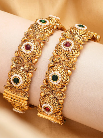 KARATCART Elegant Gold-Plated Green and Red Stone Traditional Wedding Bangles for Women
