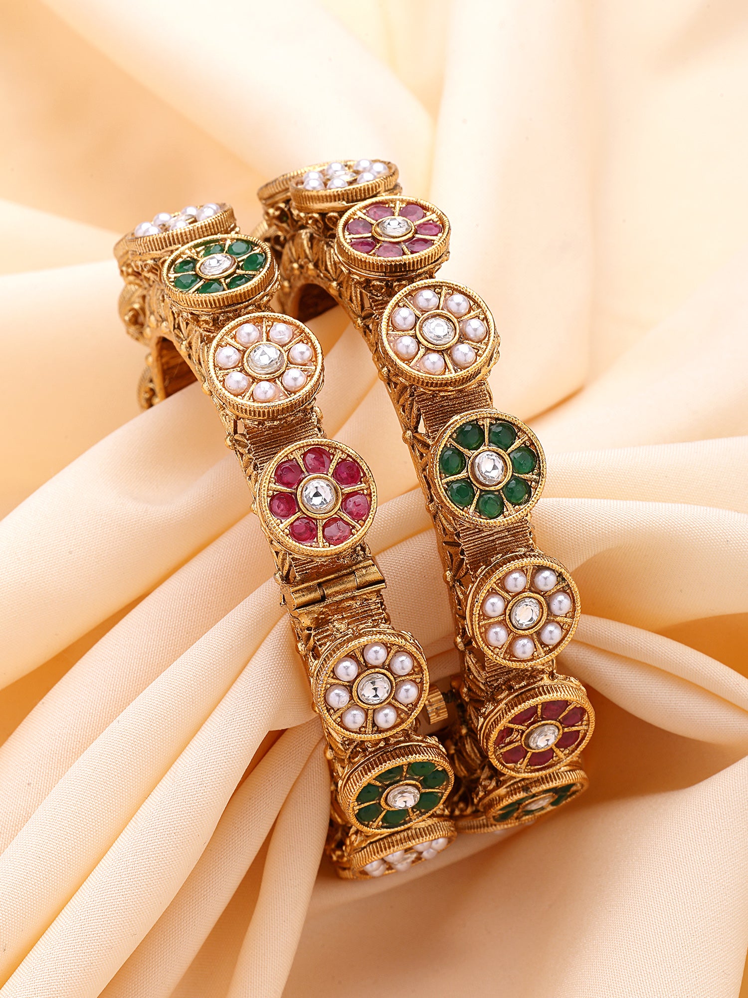 KARATCART Set of 2 Gold-Plated Floral Design Rajwadi Bridal Bangles for Women