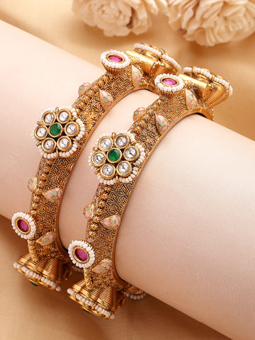 KARATCART Set of 2 Gold-Plated Floral Design Rajwadi Bridal Bangles for Women