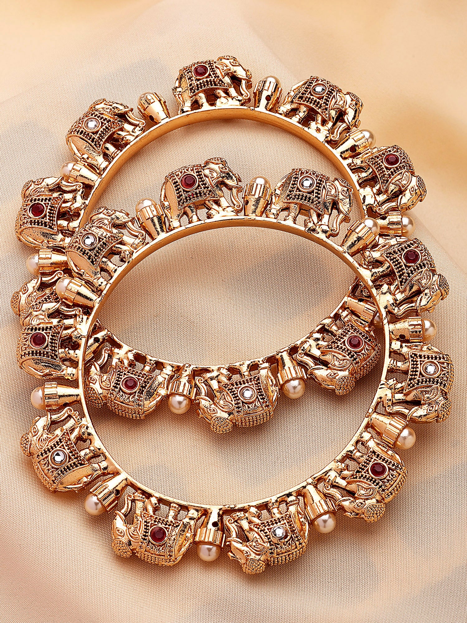 KARATCART Set of 2 Gold-Plated Elephant Design Bridal Bangles for Women