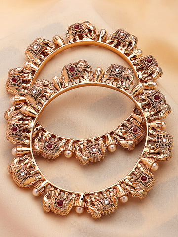 KARATCART Set of 2 Gold-Plated Elephant Design Bridal Bangles for Women