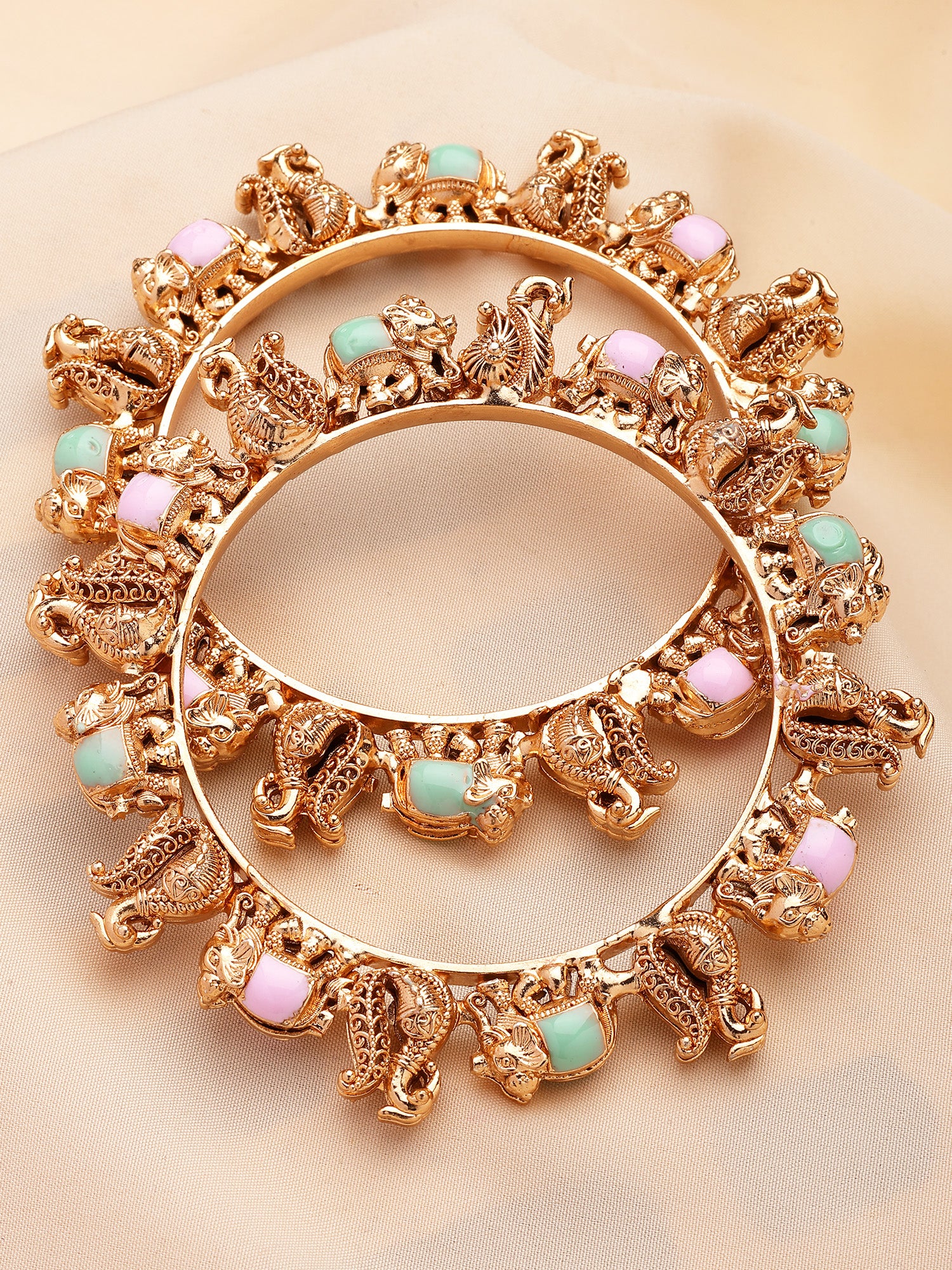KARATCART Gold-Plated Elephant Design Pink and Lime Green Meenakari Rajwadi Bangles for Women