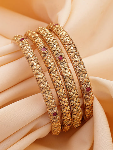 KARATCART Set of 4 Gold-Plated Red Stone Floral Design Bangles for Women