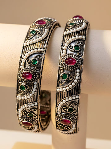 KARATCART Set of 2 Oxidised Silver Pearl and Green-Red Stone Designer Bangles for Women