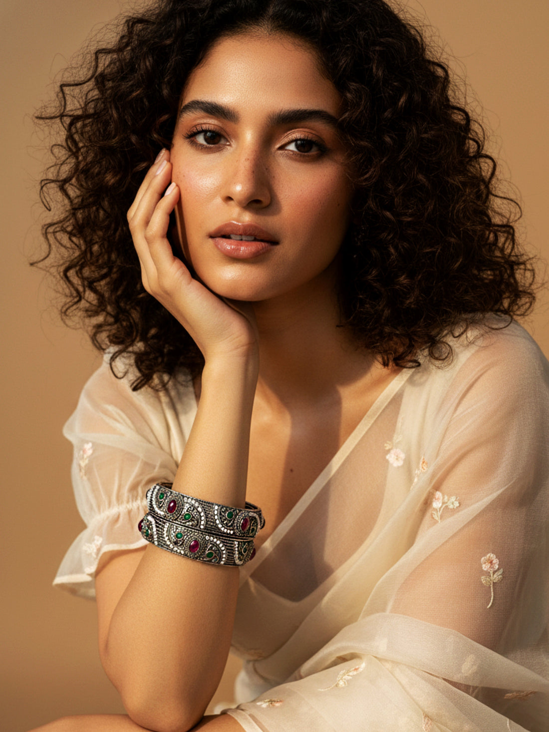 KARATCART Set of 2 Oxidised Silver Pearl and Green-Red Stone Designer Bangles for Women