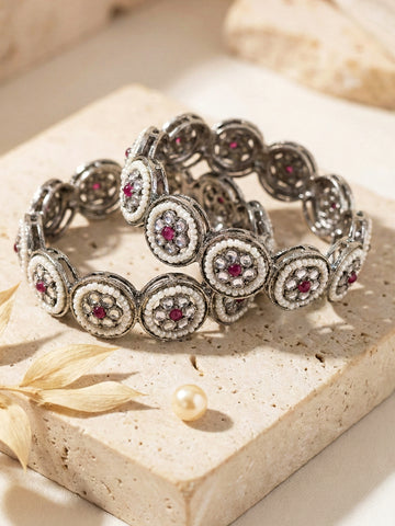 KARATCART Set of 2 Oxidised Silver Pearl and Red Stone Floral Bangles for Women