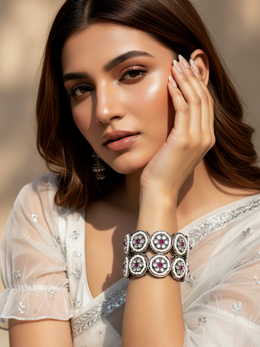 KARATCART Set of 2 Oxidised Silver Pearl and Red Stone Floral Bangles for Women