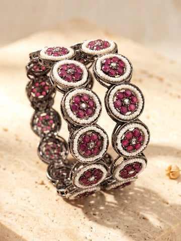 KARATCART Set of 2 Oxidised Silver Pearl and Pink Stone Floral Designer Bangles for Women