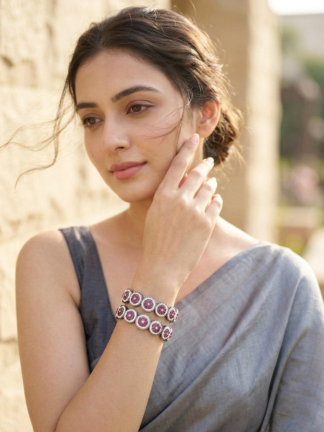 KARATCART Set of 2 Oxidised Silver Pearl and Pink Stone Floral Designer Bangles for Women
