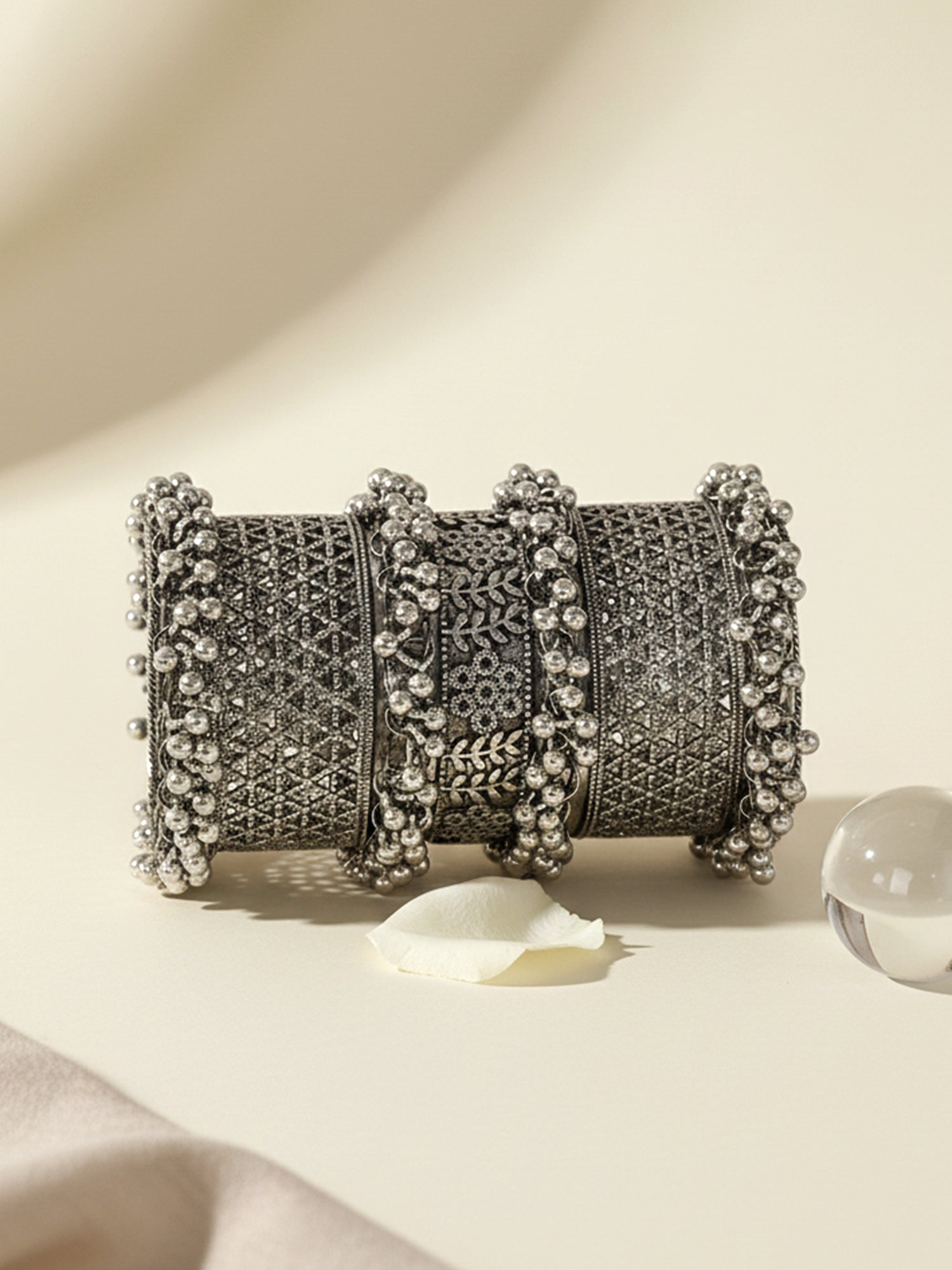 KARATCART Tribal-Inspired Oxidized Silver-Plated Handcrafted Cuff Bangle for Women