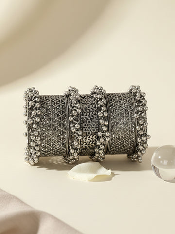 KARATCART Tribal-Inspired Oxidized Silver-Plated Handcrafted Cuff Bangle for Women