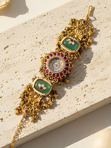 KARATCART Royal Kundan Emerald & Ruby Designer Gold-Plated Bracelet Watch for Women