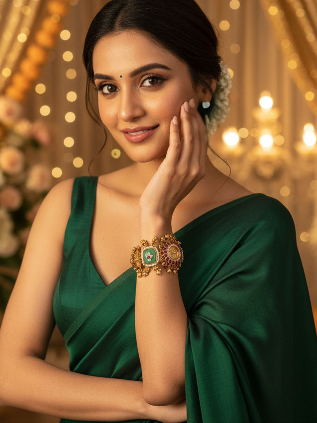 KARATCART Royal Kundan Emerald & Ruby Designer Gold-Plated Bracelet Watch for Women