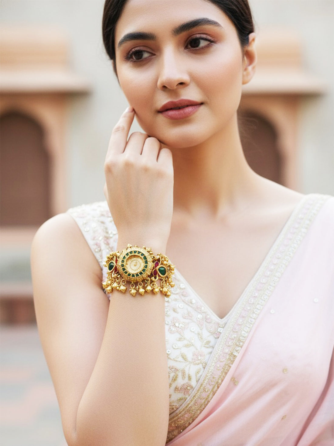 KARATCART Classic Royal Kundan Emerald & Ruby Gold-Plated Designer Bracelet Watch for Women