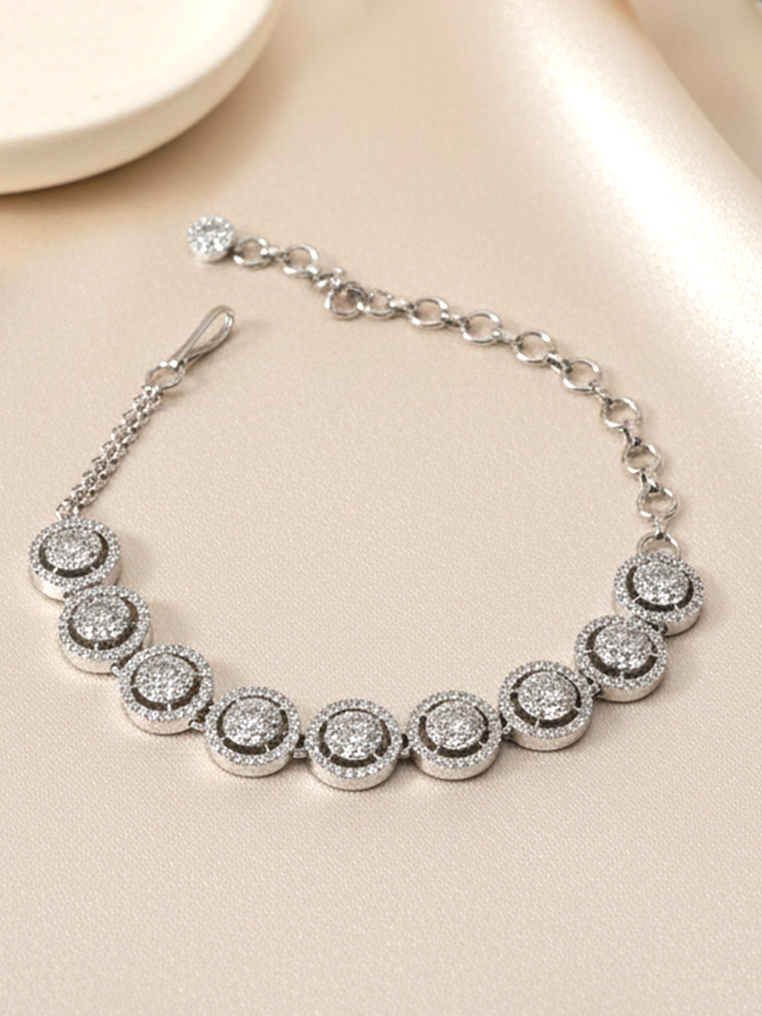 KARATCART Silver Plated Floral American Diamond Link Bracelet for Women