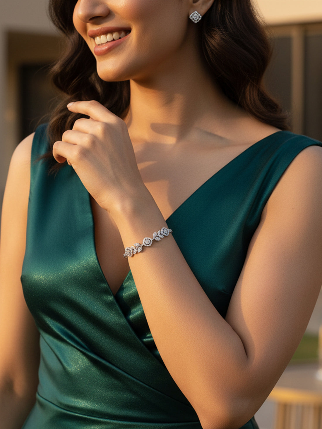 KARATCART Silver Plated Floral American Diamond Link Bracelet for Women