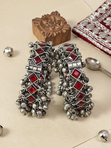 KARATCART Traditional Oxidized Silver Red Stone Handcrafted Ghungroo Bangles for Women