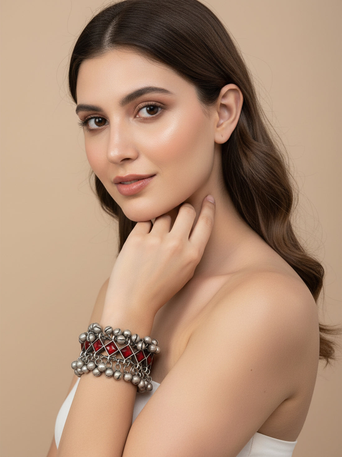 KARATCART Traditional Oxidized Silver Red Stone Handcrafted Ghungroo Bangles for Women