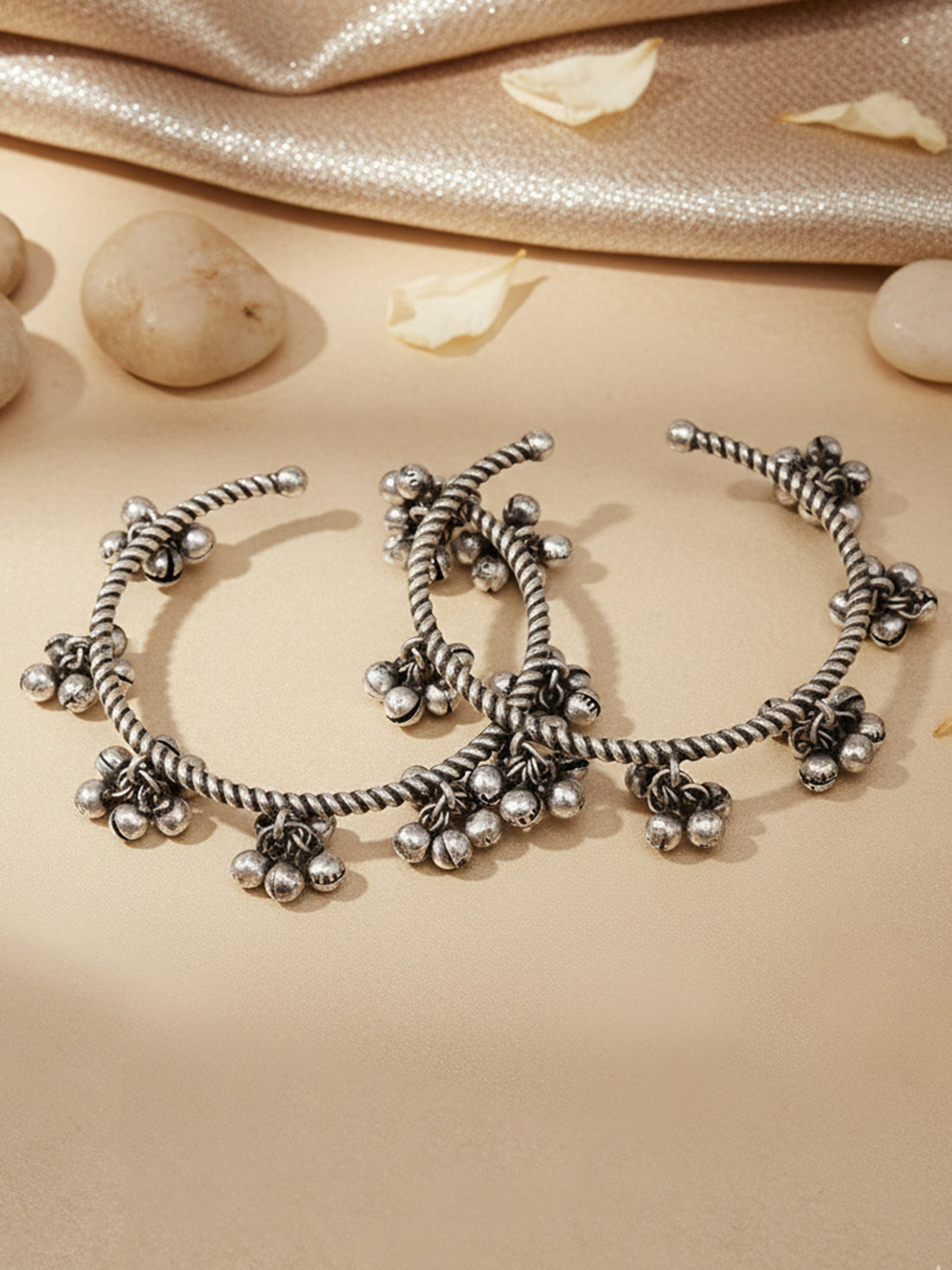 KARATCART Tribal Oxidized Silver Ghungroo Studded Twisted Wire Design Open Cuff Bangles for Women