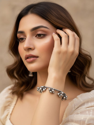 KARATCART Tribal Oxidized Silver Ghungroo Studded Twisted Wire Design Open Cuff Bangles for Women