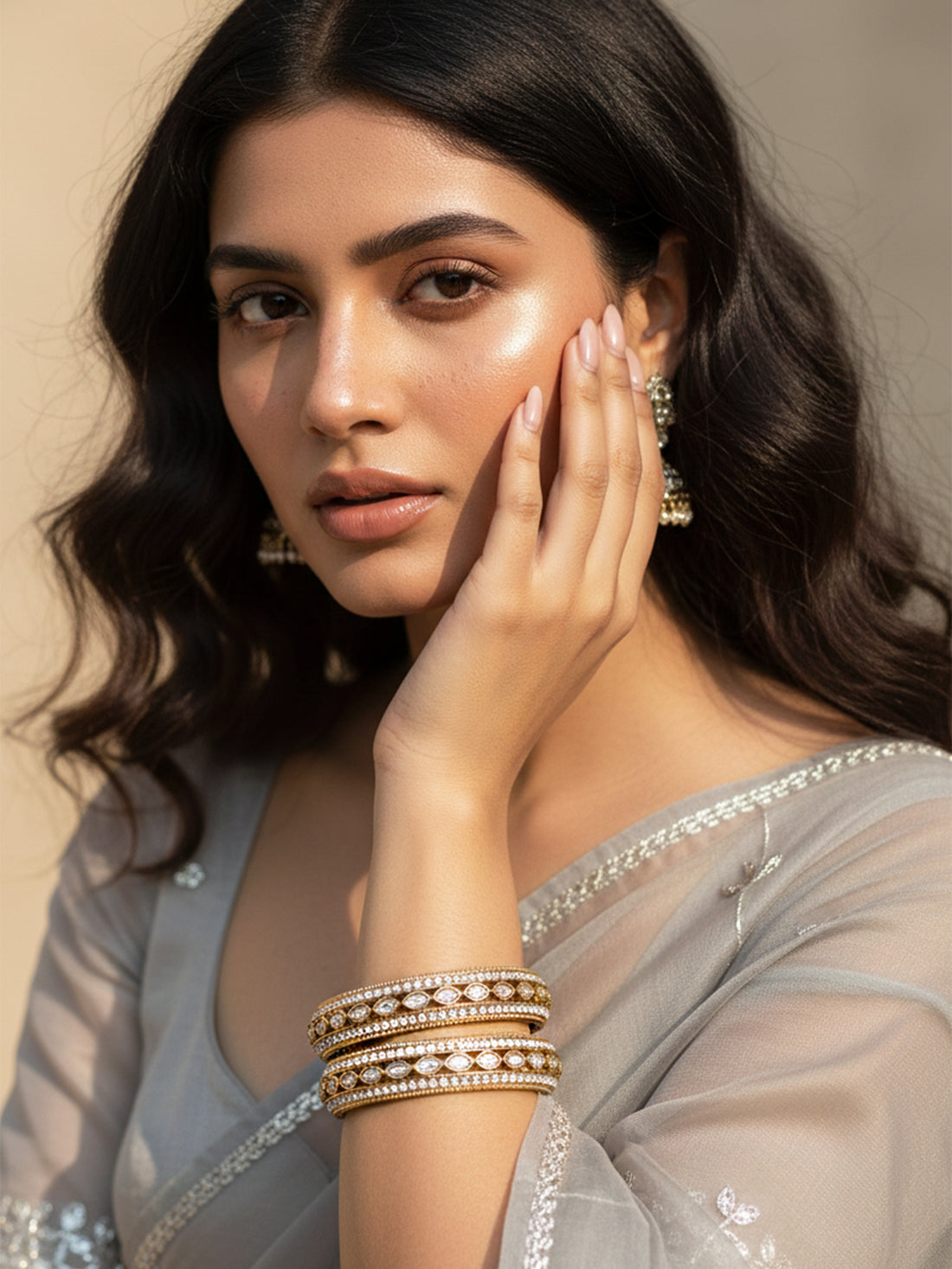 KARATCART Traditional Gold-Plated Set of 4 White Stone Studded Bridal Bangles Set for Women