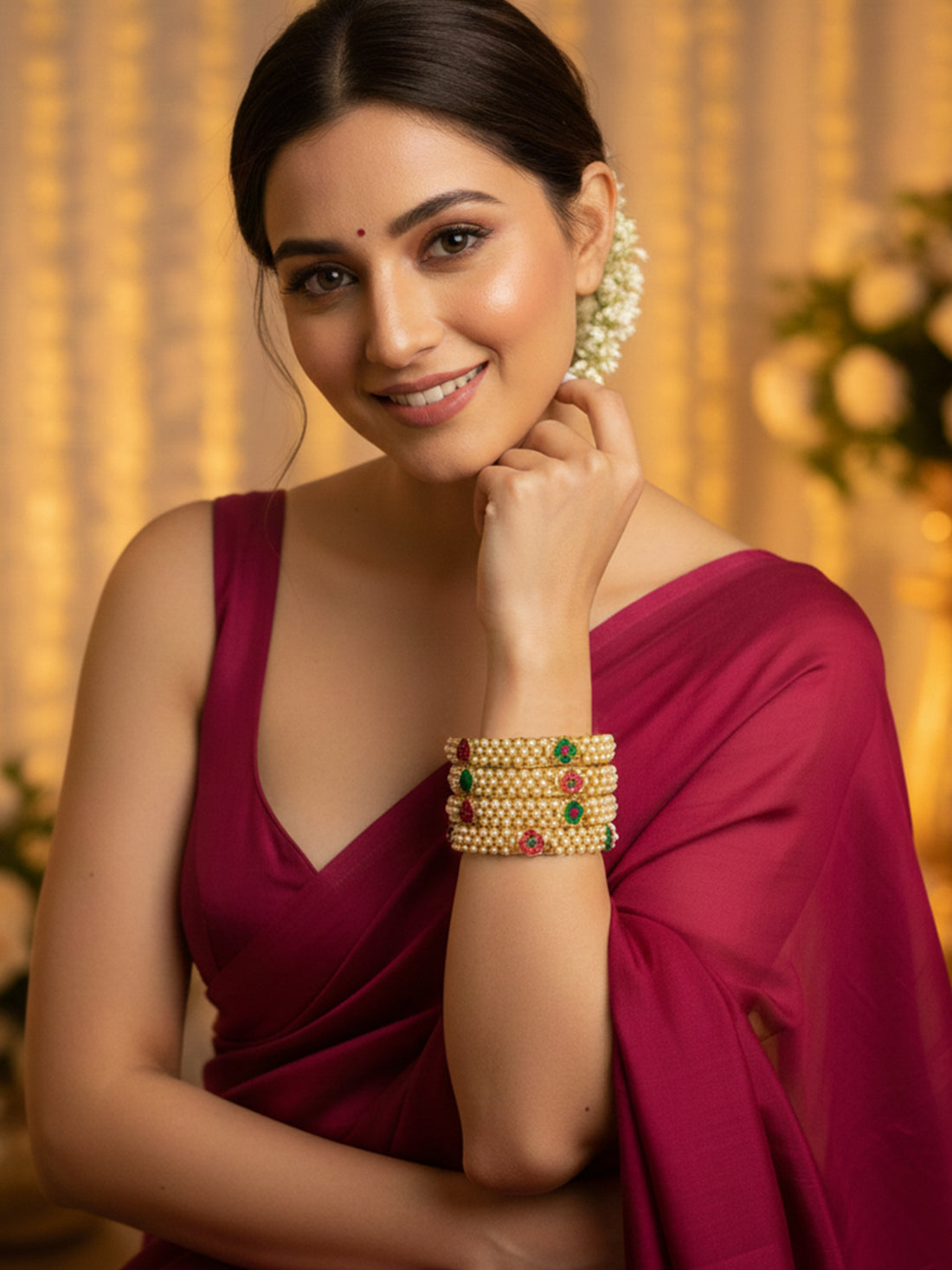 KARATCART Traditional Set of 4 Gold-Plated Pearl Studded Kundan Style Bridal Bangles for Women