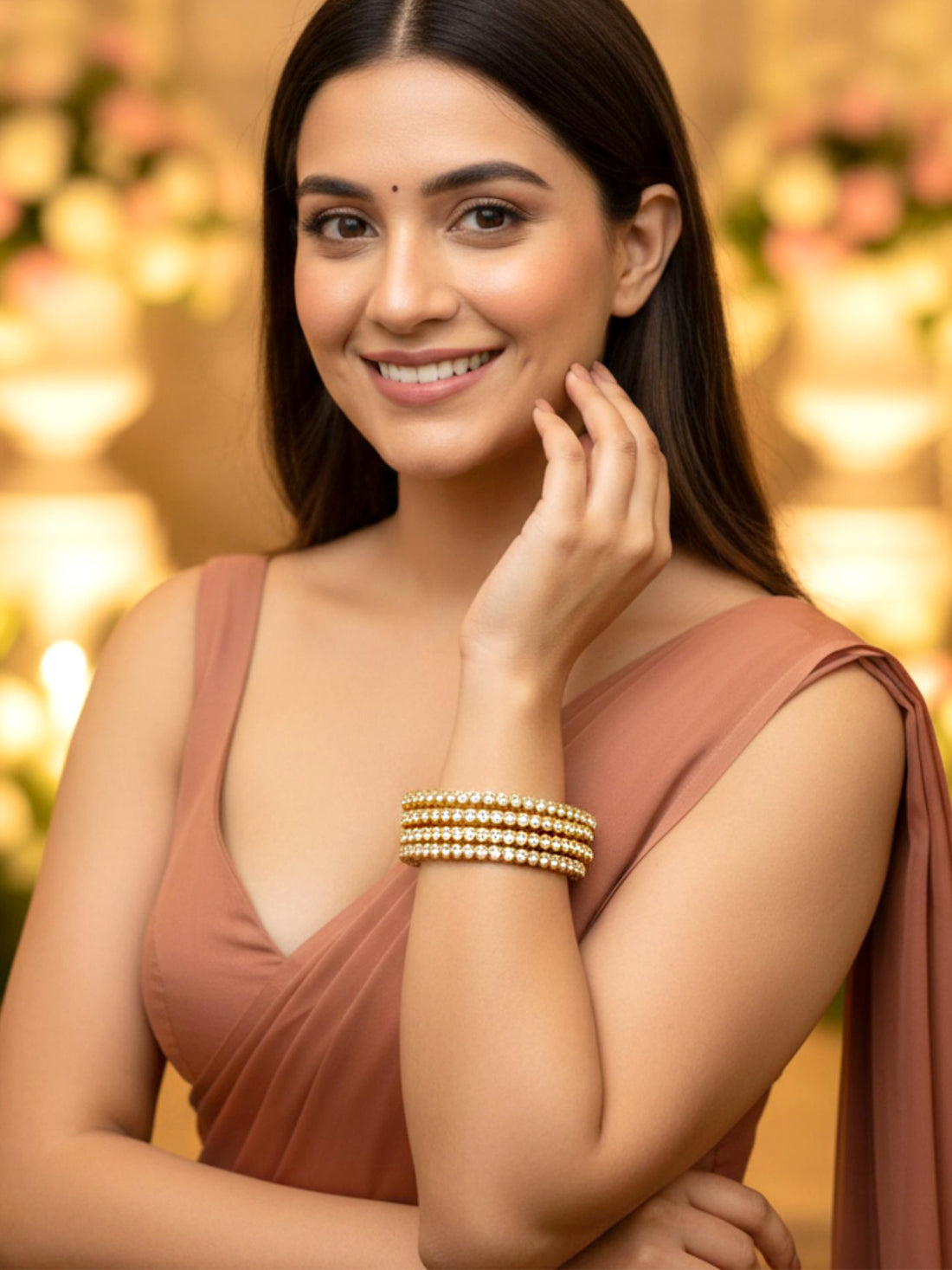 KARATCART Royal Rajwadi Style Set of 4 Gold-Plated Kundan Studded Bridal Bangles for Women