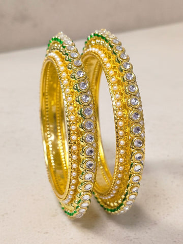 KARATCART Designer Rajwadi Style Gold-Plated Pearl and Stone Studded Bangle Set for Women