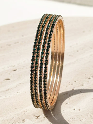 KARATCART Classic Set of 4 Gold-Plated Green American Diamond Bangles for Women