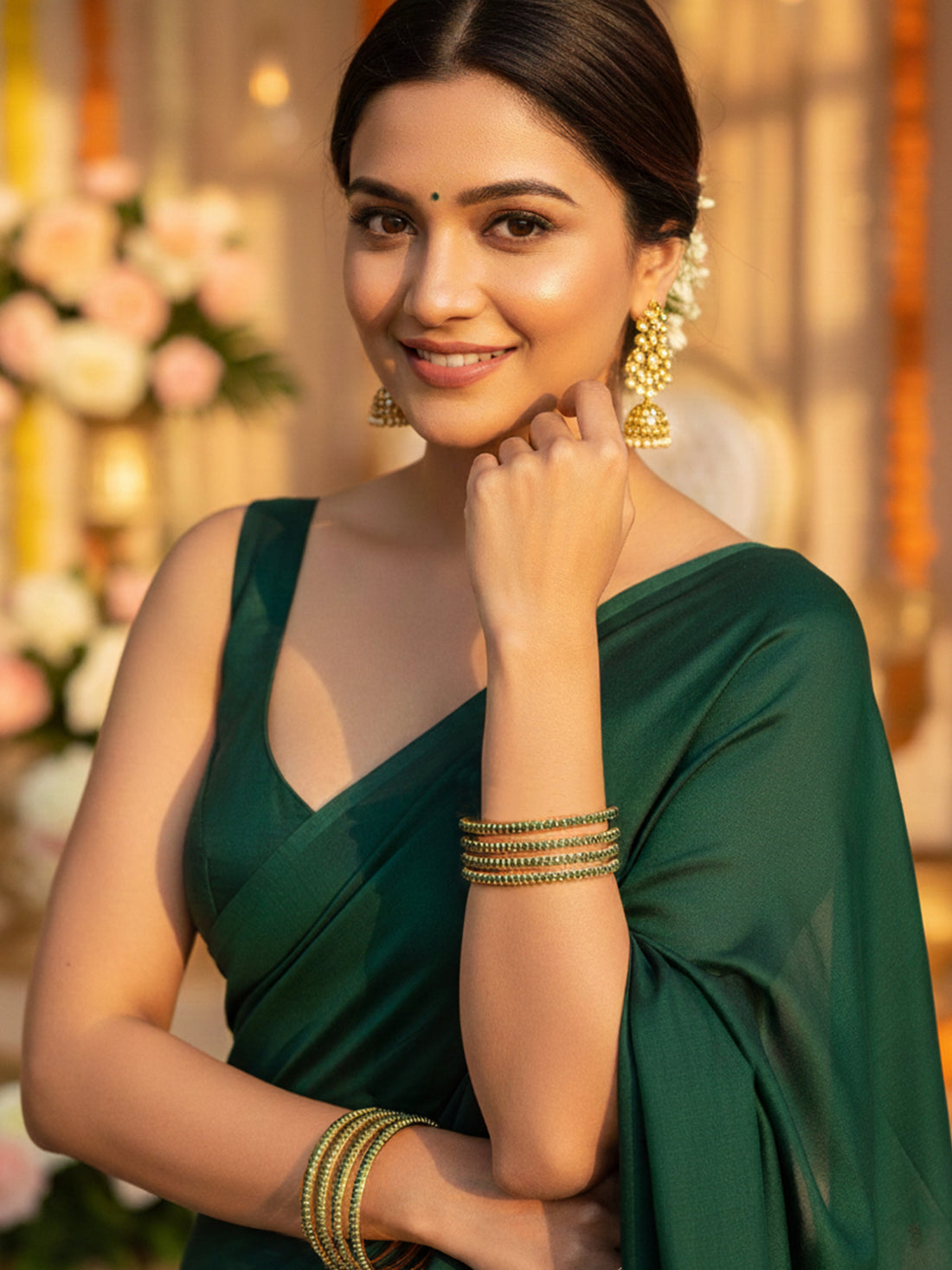 KARATCART Classic Set of 4 Gold-Plated Green American Diamond Bangles for Women