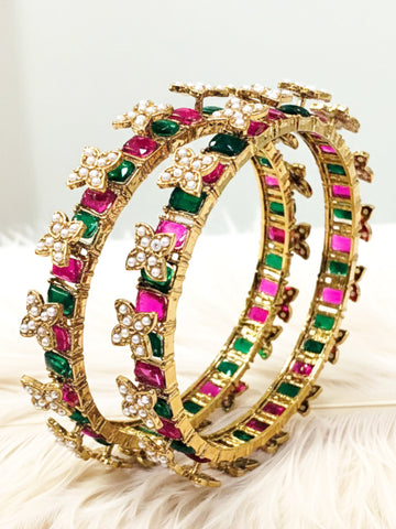 KARATCesigner Kundan Style Gold-Plated Pearl and Green-Red Stone Bangles Set for WomenART D