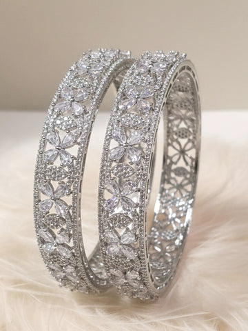 KARATCART Royal Set of 2 Silver-Plated American Diamond Bangles for Women