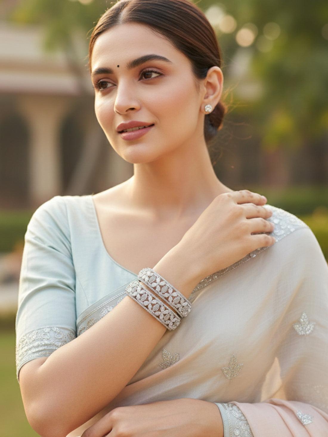 KARATCART Royal Set of 2 Silver-Plated American Diamond Bangles for Women