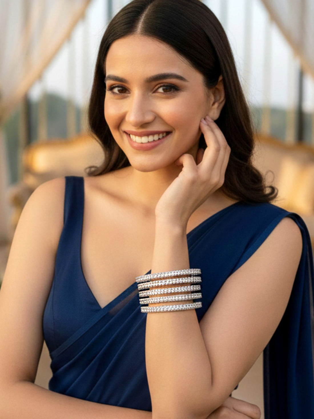 KARATCART Classic Set of 4 Silver Plated White American Diamond Bangles for Women