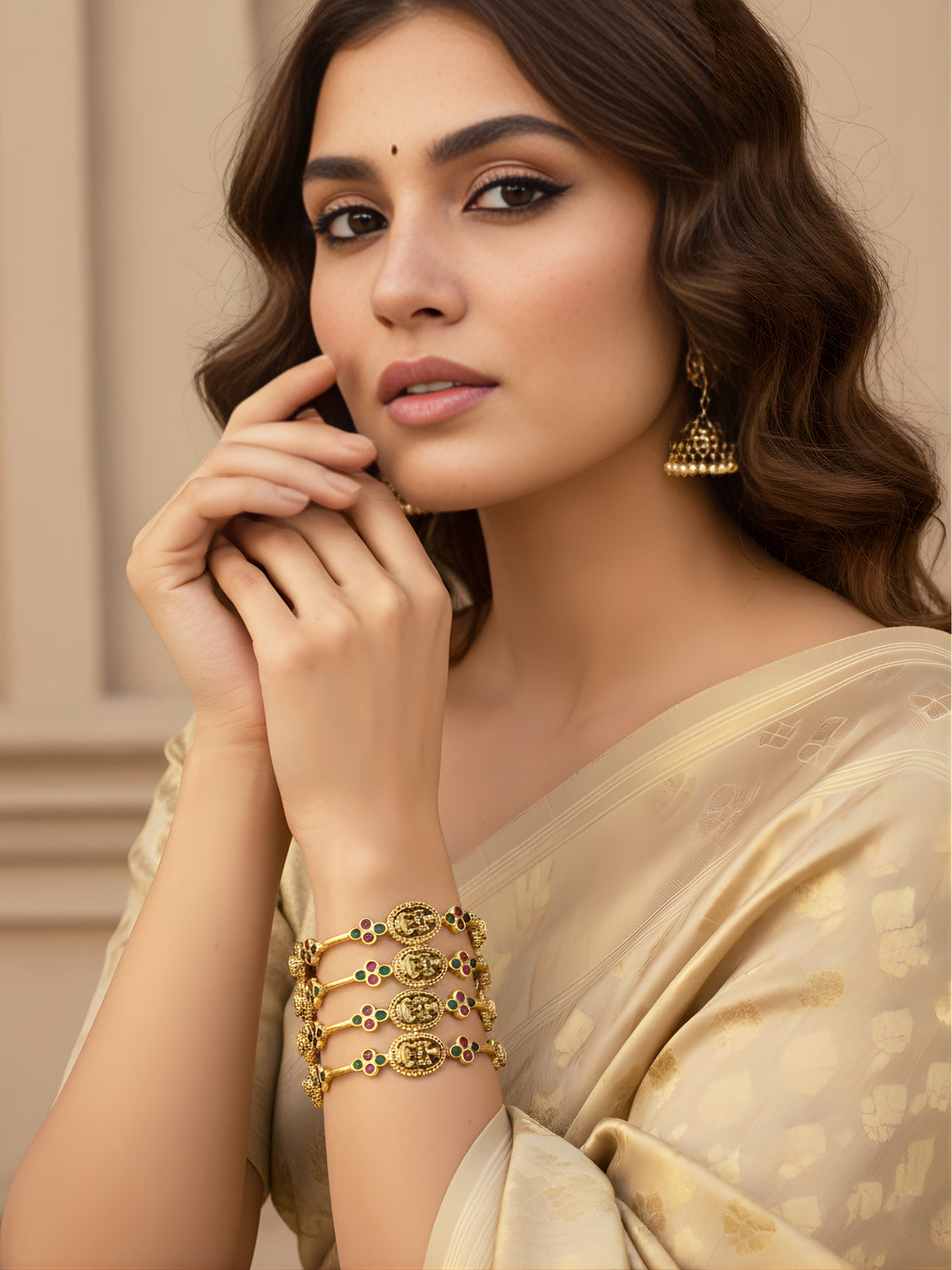 KARATCART Traditional Mata Lakshmi Design Set of 4 Gold-Plated Green & Pink Stone Bangles for Women