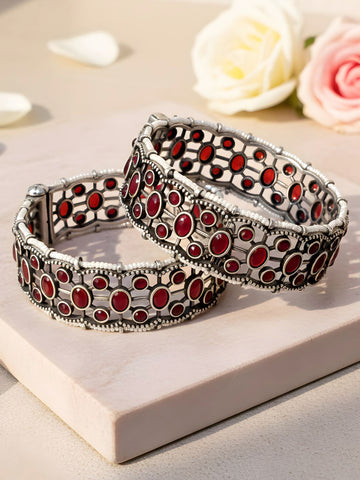 KARATCART Designer Set of 2 Oxidised Silver-Plated Red Stone Studded Bangles for Women
