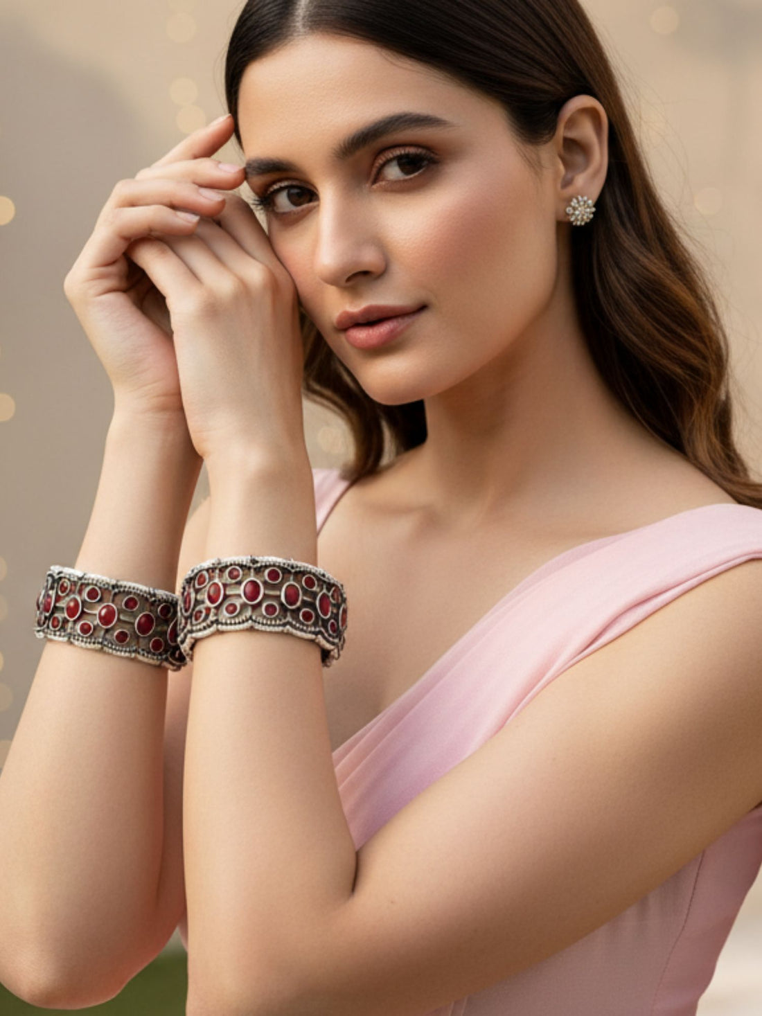 KARATCART Designer Set of 2 Oxidised Silver-Plated Red Stone Studded Bangles for Women