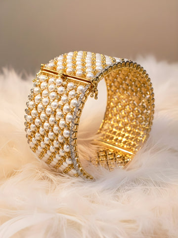KARATCART Luxury Gold-Plated White Pearl & American Diamond Cuff Bracelet for Women