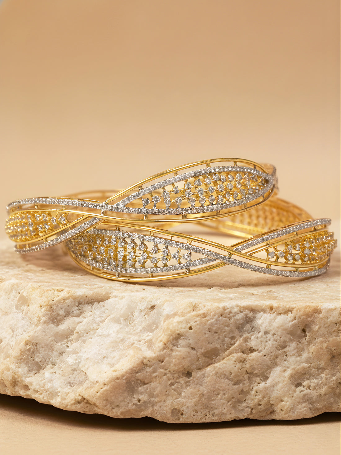 KARATCART Designer Set of 2 Gold-Plated American Diamond Studded Bridal Bangles for Women